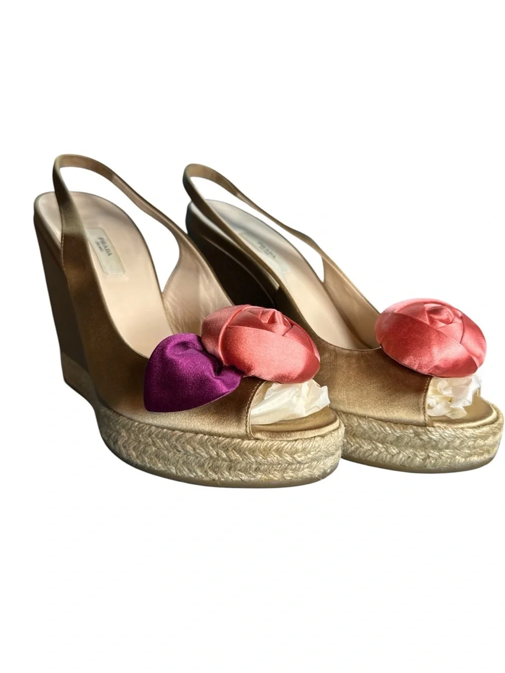 Prada Milano Champagne Satin  Rose Espadrille Wedge  Sandals Size 36 US 6